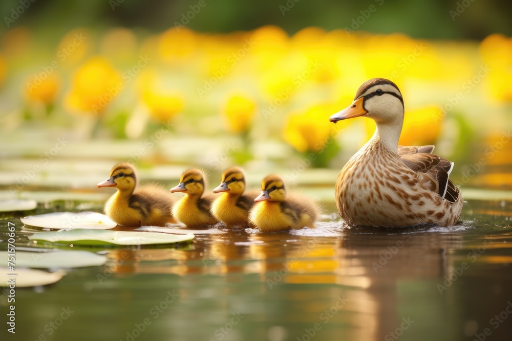 A mother duck leading her ducklings, Ai generated A mother duck leading her ducklings, Ai generated