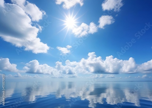 blue sky with white cloud background  the clouds and sky reflect on the calm sea surface