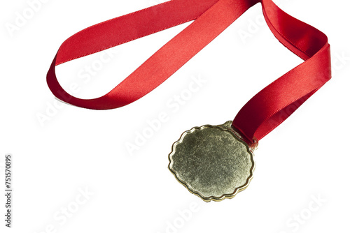 Gold medal on neutral background and red bead. Award concept. Games concept. Obejct isolated. photo