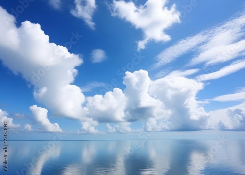 blue sky with white cloud background, the clouds and sky reflect on the calm sea surface