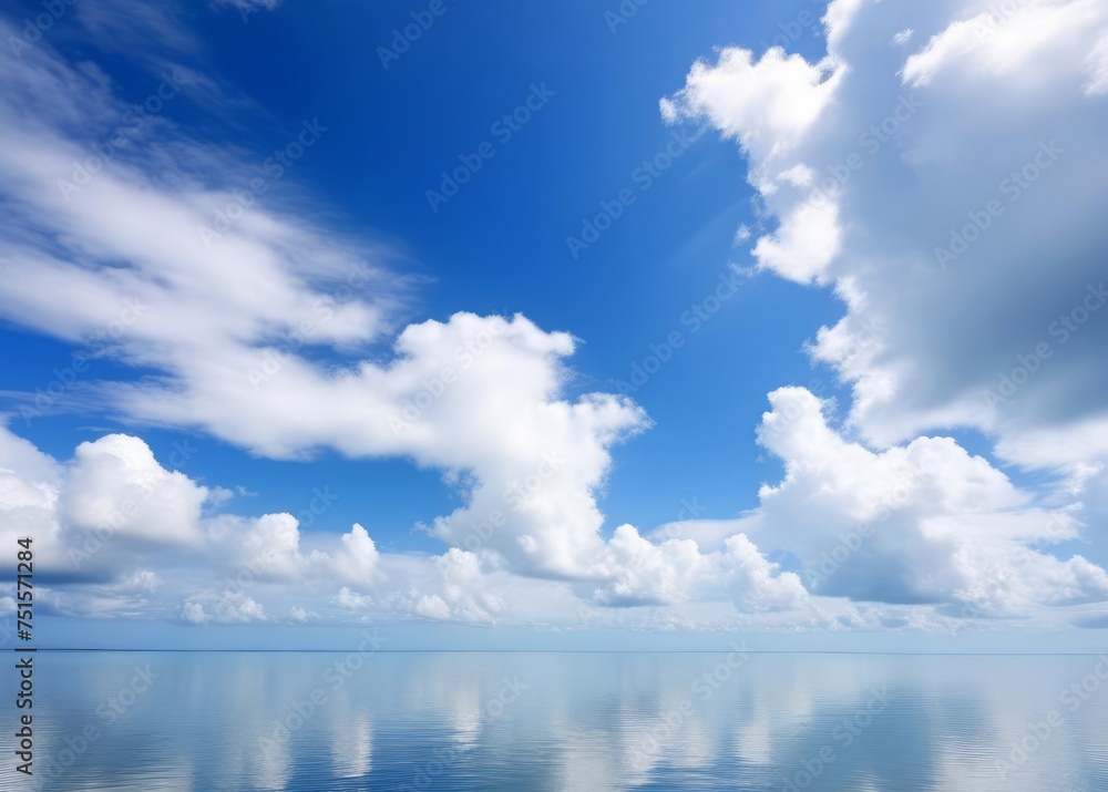 blue sky with white cloud background, the clouds and sky reflect on the calm sea surface