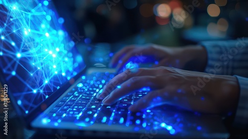 Person is using a laptop with a futuristic blue cyber network graphic overlay photo