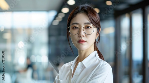 Pretty 45 years old Korean business woman, wearing glasses, formal slick hairstyle, in a modern office building, wearing white shirt