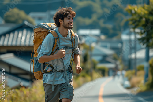 Portrait of happy smiling tourist man 30-35 years old with backpack hiking in national park. Yong man doing endurance hiking in the nature conditions. Rucking workout at the outdoor photo