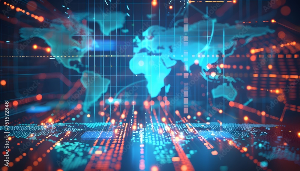 Abstract digital world map, concept of global networks and connectivity, information exchange and telecommunications Abstract digital world map, concept of global networks and connectivity, information exchange and telecommunications