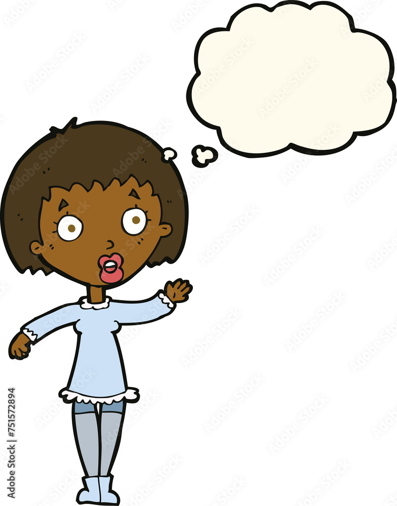 cartoon waving woman with thought bubble cartoon waving woman with thought bubble