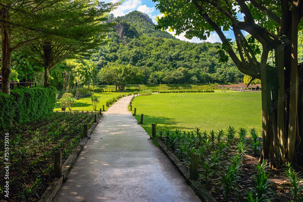 Pathway passes through lush grassy fields amidst a beautiful tranquil nature with the mountains in background. Beautiful view of nature with green grass, lush trees, mountain and sky. Green Landscape.