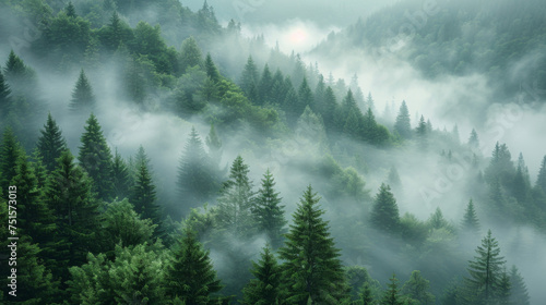 Misty foggy mountain landscape with fir forest and copyspace in vintage retro hipster style. © Matthew