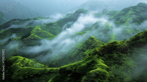 Here is the image based on your description It portrays a serene mountain landscape shrouded in mist and rain, with dense forests and imposing mountains enveloped in clouds, capturing the essence of n