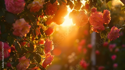 Warm sunset light shining through blooming roses. vibrant garden scene with natural beauty. perfect for romantic and nature themes. AI