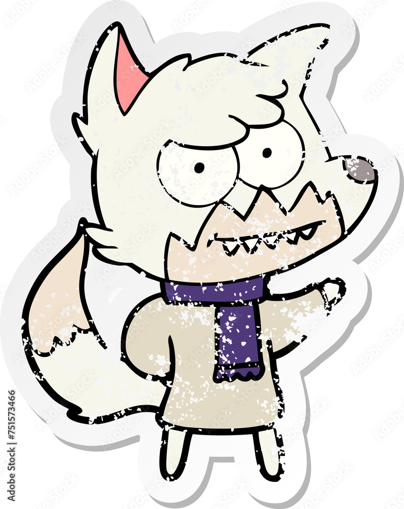 distressed sticker of a cartoon grinning fox in winter clothes distressed sticker of a cartoon grinning fox in winter clothes