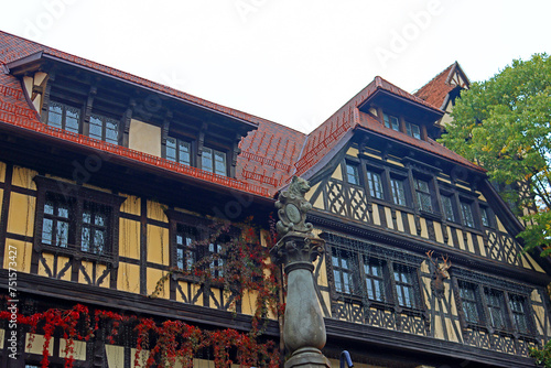 Entrance to the Peles castle, with tradition Romanian houses in Sinaia, Romania photo