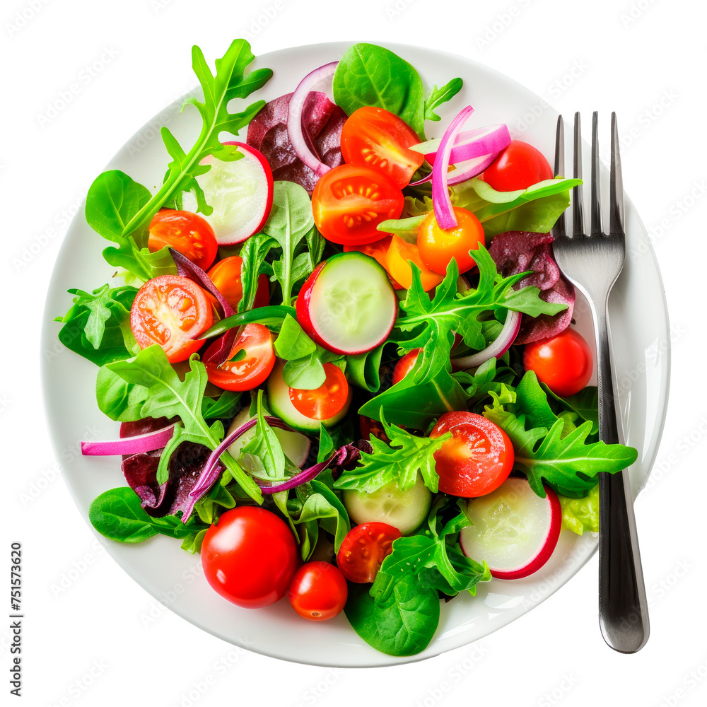 A salad with tomatoes, cucumbers, and lettuce is served on a white plate Isolated on transparent background, PNG A salad with tomatoes, cucumbers, and lettuce is served on a white plate Isolated on transparent background, PNG