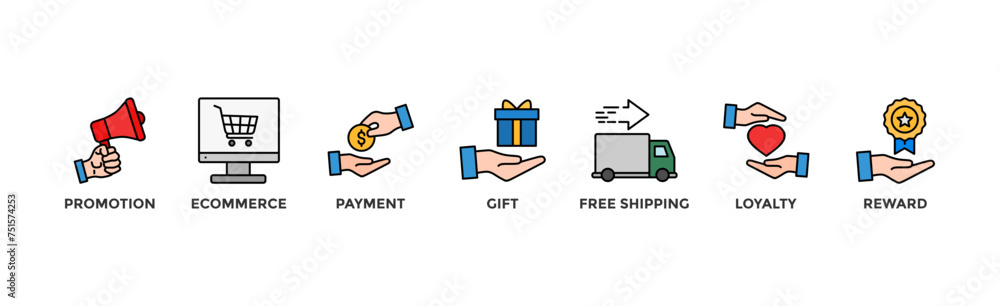 Shopping banner web icon vector illustration concept with icon of promotion, ecommerce, payment, gift, price, free shipping, loyalty, reward Shopping banner web icon vector illustration concept with icon of promotion, ecommerce, payment, gift, price, free shipping, loyalty, reward