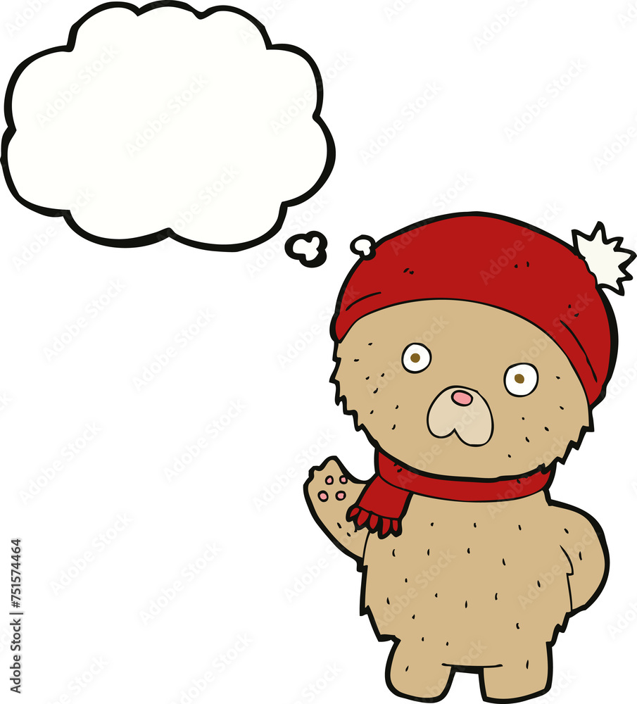 cartoon teddy bear in winter hat and scarf with thought bubble cartoon teddy bear in winter hat and scarf with thought bubble