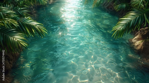 Palm leaves over the water, tropical landscape