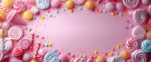 Variety of colorful candies on a soft pink backdrop with ample copy space.