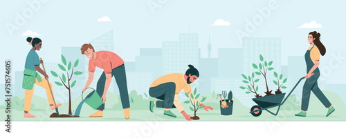 Environmental care horizontal poster. People planting trees, seedlings in city park. Environmental care and volunteerism concept. Engage for a greener future. Flat cartoon vector illustration