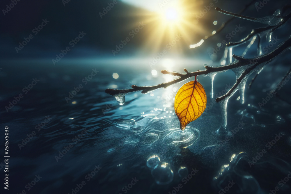 A lone yellow leaf hangs from a branch covered in ice