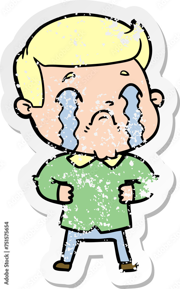 distressed sticker of a cartoon man crying