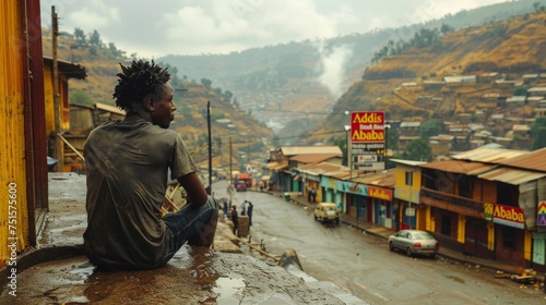 Unidentified Ethiopian man sitting on the edge of the road in Addis Ababa. photo