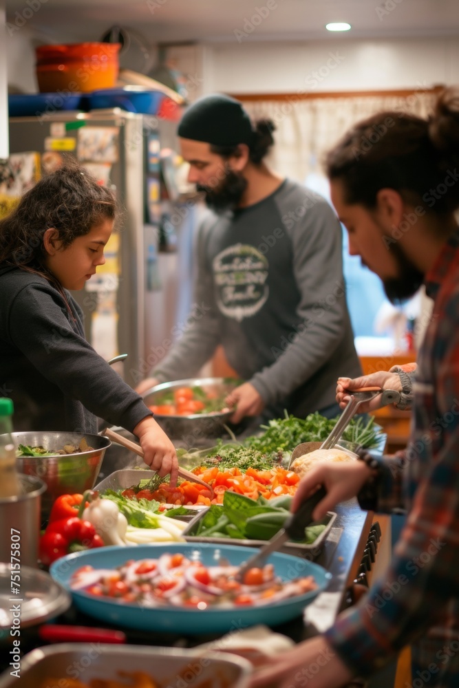 A bi-cultural family preparing a fusion dinner, combining recipes from both their heritages in a vibrant kitchen.