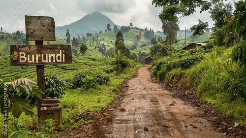 Burundi wooden signpost and mud road. photo