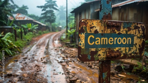 Cameroon country road sign with rain drop in the morning
