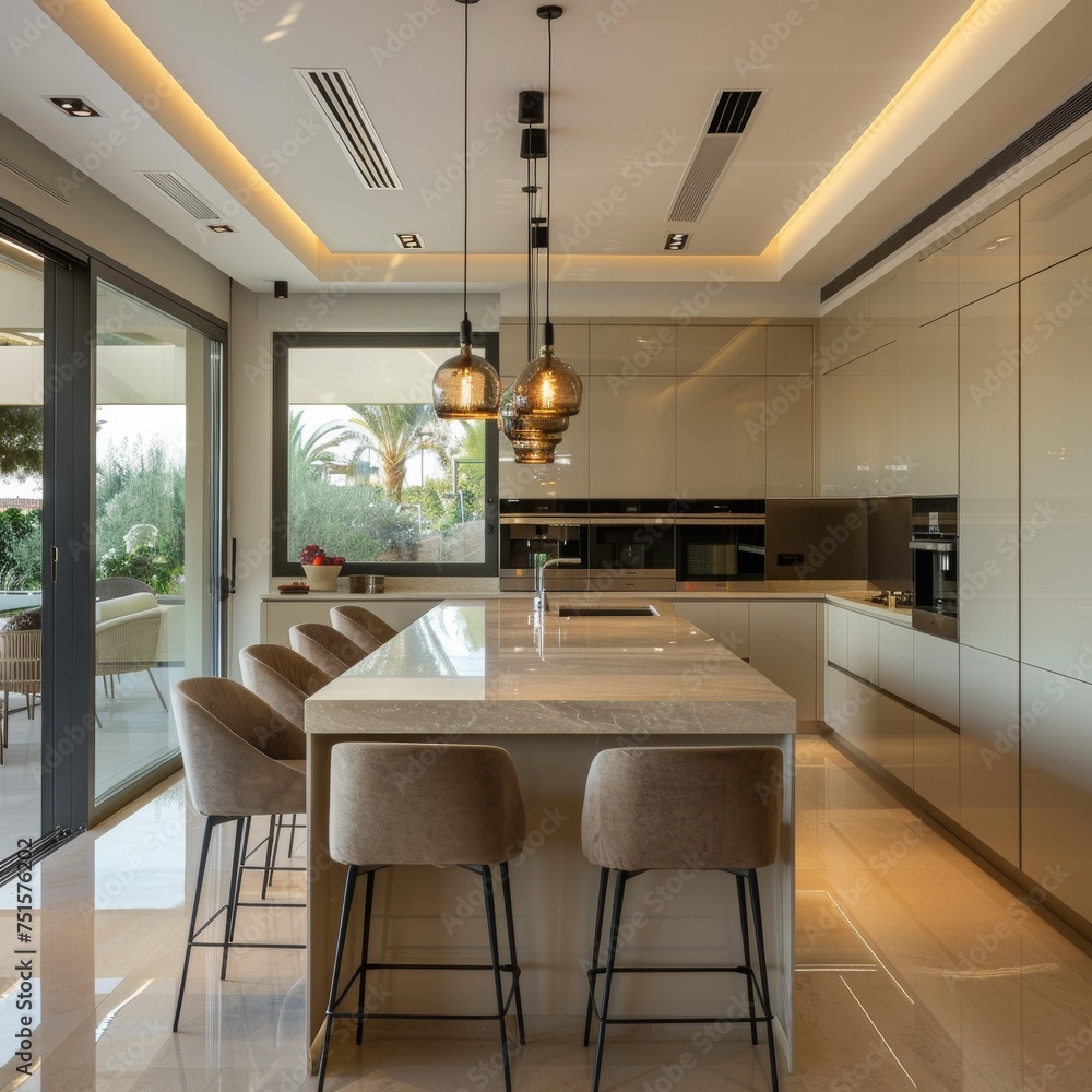 The interior of a modern kitchen. A design solution in the interior of the kitchen area.