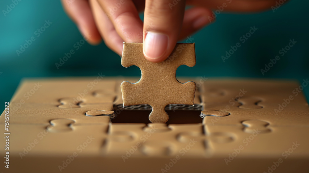 The last puzzle piece is fitted into the idea box by a hand, signifying ...