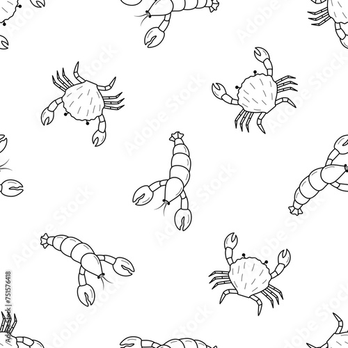 Lobsters and crabs doodle style seamless pattern. Vector illustration of river and marine life. Background delicacies seafood.