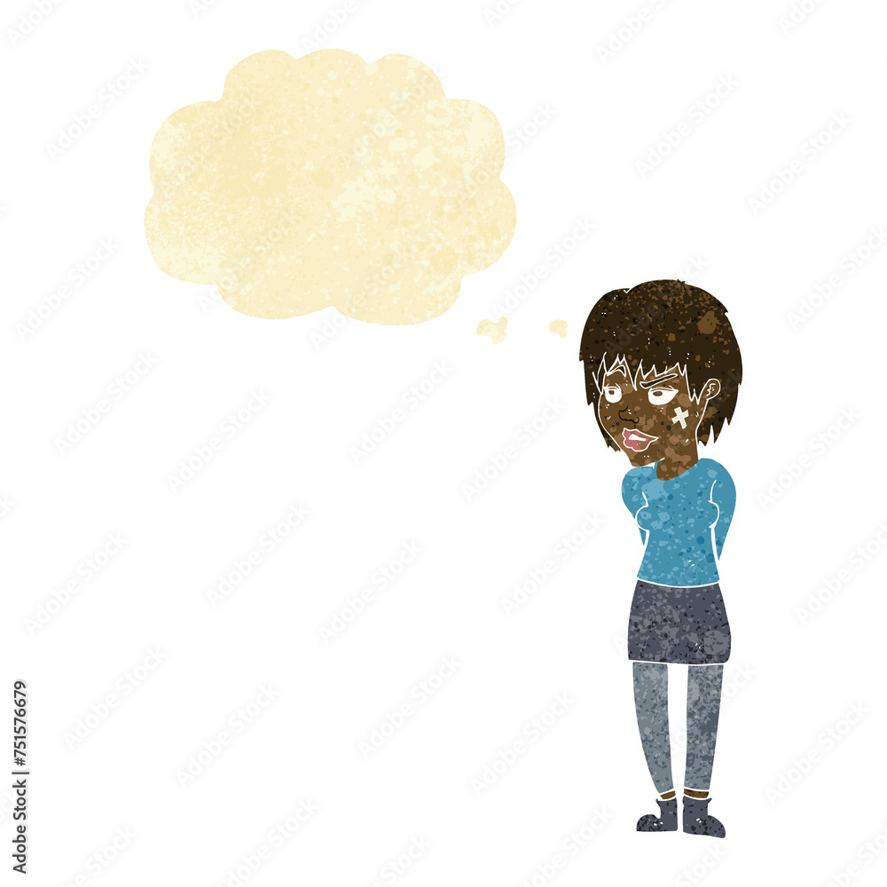 cartoon woman with plaster on face with thought bubble cartoon woman with plaster on face with thought bubble