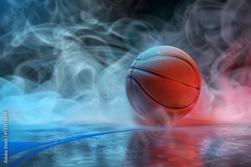 A basketball on the background of a basket on a street playground in the rain.