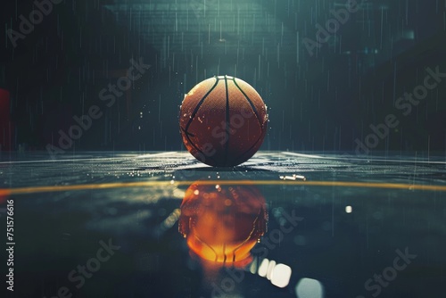 A basketball on the background of a basket on a street playground in the rain.