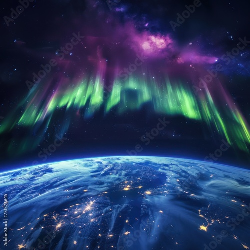 Highresolution stock photo capturing the Northern Lights Aurora Borealis over Earth with vibrant green and purple lights dancing across the night sky viewed from space