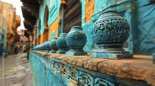 Turquoise balustrade in street of Morocco. © AS Photo Family