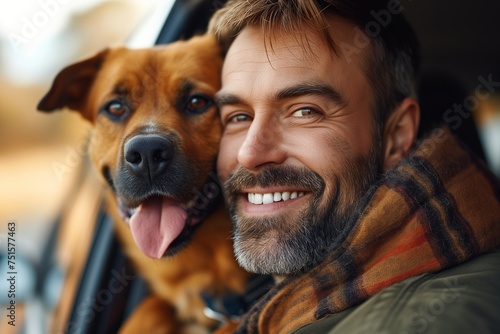 A man and a dog sitting in a car with big smiles on face. They both look happy and content as they enjoy their time together inside the vehicle