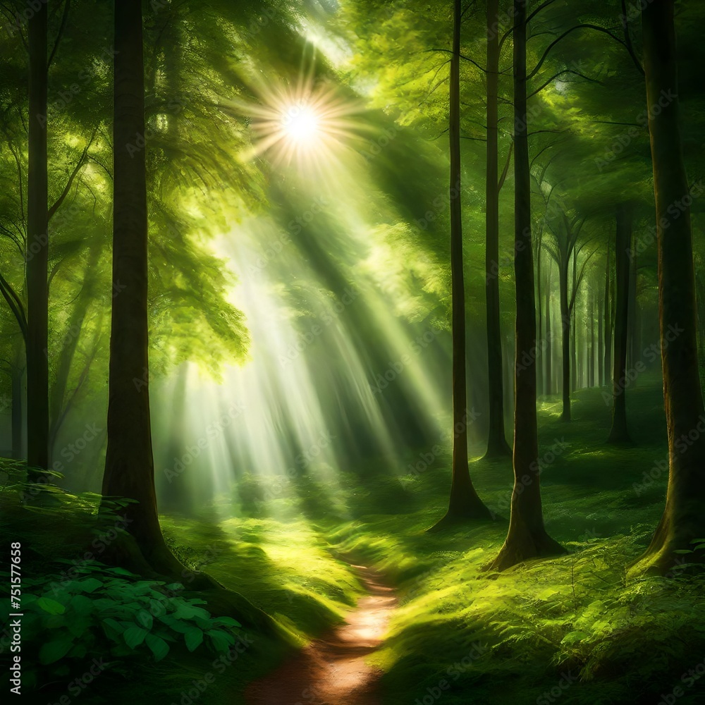 Sunlight in the green forest hd realistic