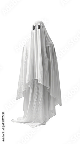 A ghostly figure with a skull on its head is draped in a white sheet Isolated on transparent background, PNG