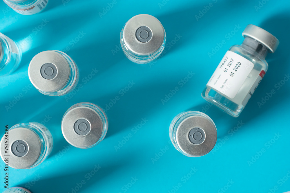 Bottles with vaccine. Top view. Bottles with vaccine. Top view.