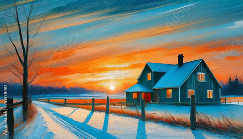 Oil painting of winter farmhouse at twilight. Natural snowy landscape. Hand drawn art.