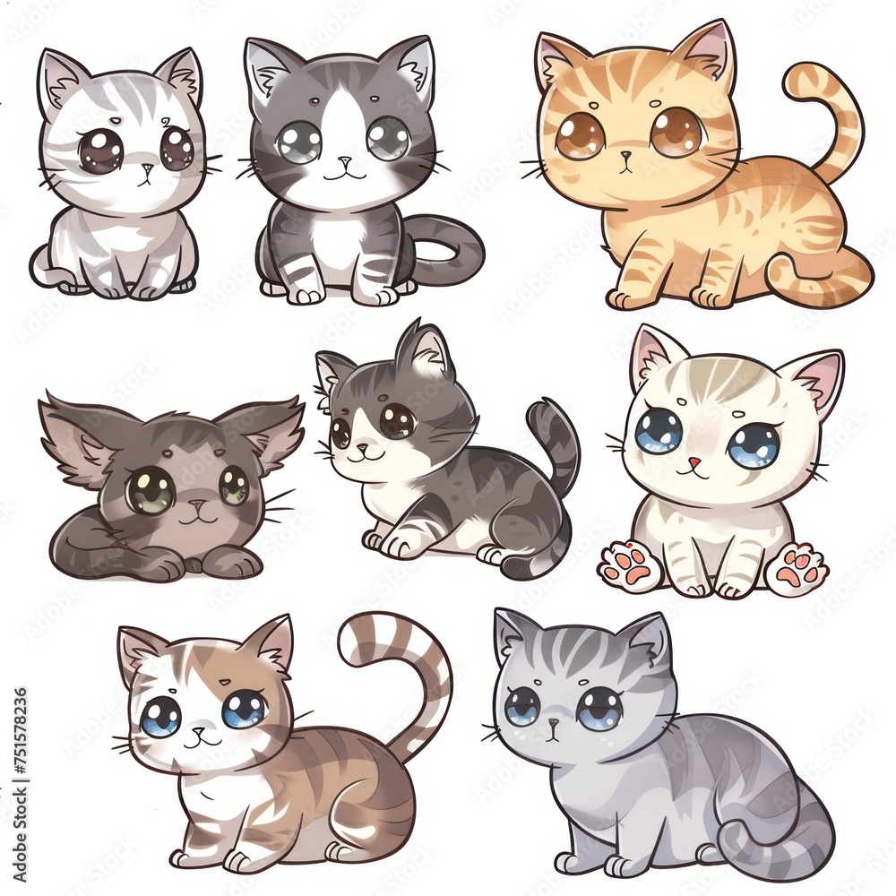 Fototapeta premium clipart illustration featuring a various of cute Chibi cats on white background suitable for crafting and digital design projects