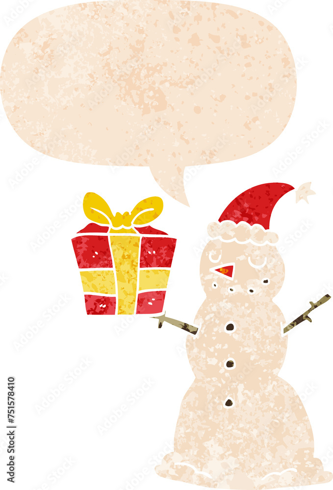cartoon snowman with present and speech bubble in retro textured style cartoon snowman with present and speech bubble in retro textured style