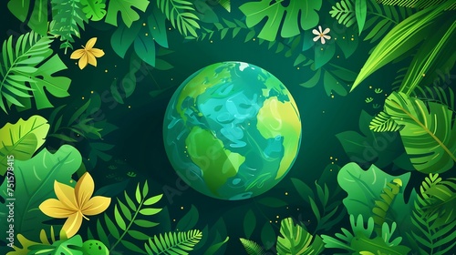 Happy Earth Day illustration background with green plants and round earth in the middle 