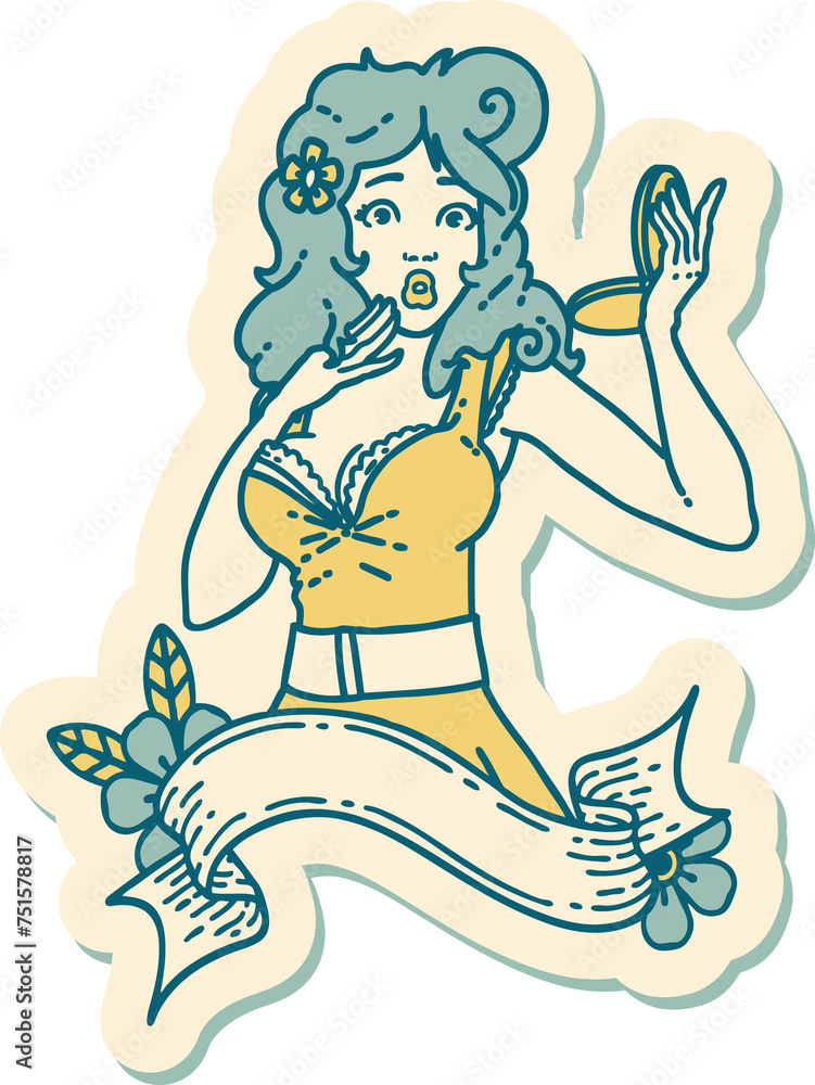 tattoo style sticker of a pinup surprised girl with banner tattoo style sticker of a pinup surprised girl with banner