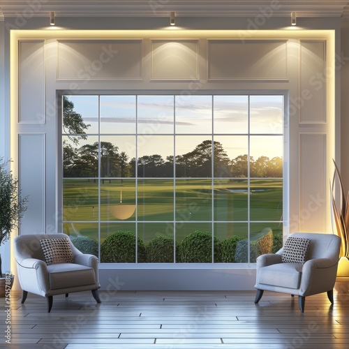 A large window with a view of the golf course.