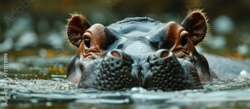 A hippo peacefully swimming in the tranquil water of a serene lake © TheWaterMeloonProjec