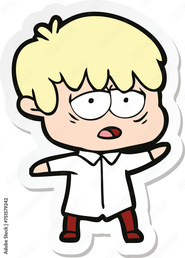 sticker of a cartoon exhausted boy sticker of a cartoon exhausted boy