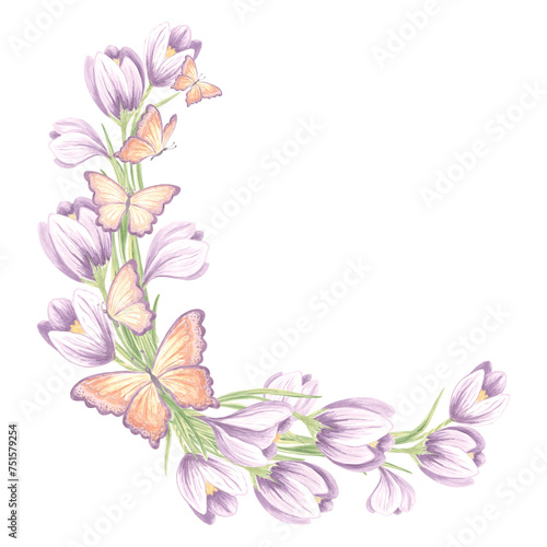 Round frame from crocus flowers with butterflies. Isolated hand drawn watercolor illustration. Floral spring wreath of saffron. Template with copy space for postcard of Mothers day  8 March  Easter.