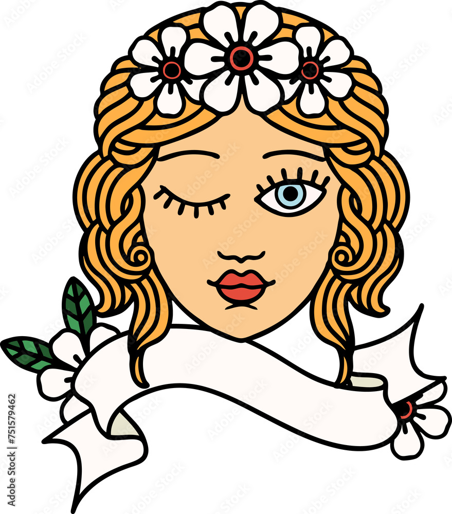 tattoo with banner of a maidens face winking tattoo with banner of a maidens face winking